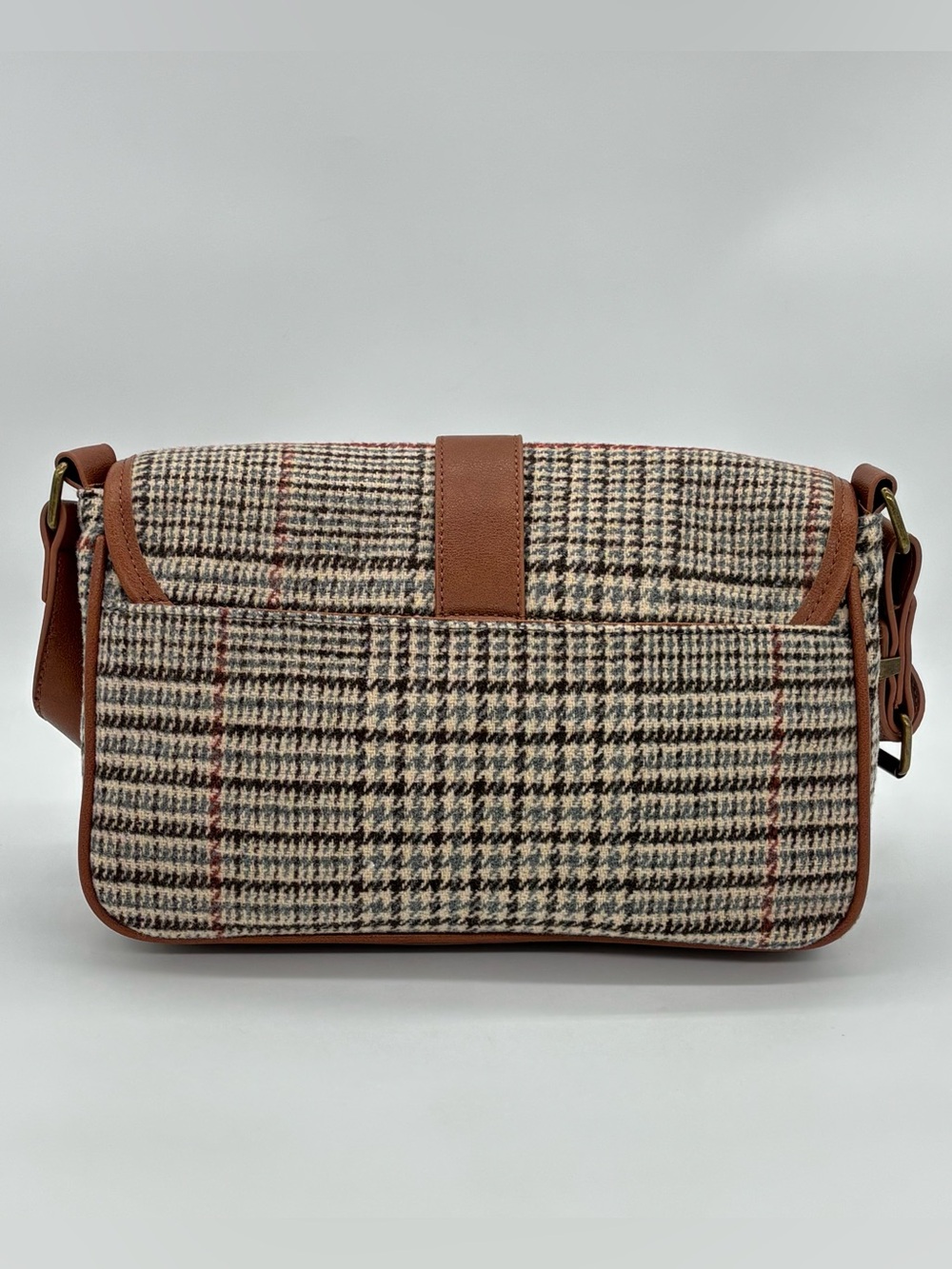 Frye & Co Houndstooth Plaid Shoulder Bag Brown Purse Academia Equestrian Preppy - Picture 3 of 15